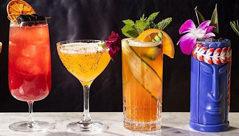 line up of colorful birch & bloom cocktails
