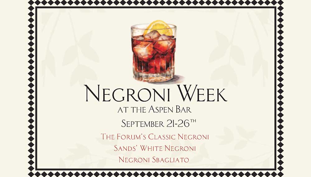 Promotional graphic for Negroni Week at The Aspen Bar featuring an illustrated Negroni cocktail and event dates, September 21–26, with specialty Negroni offerings listed below.